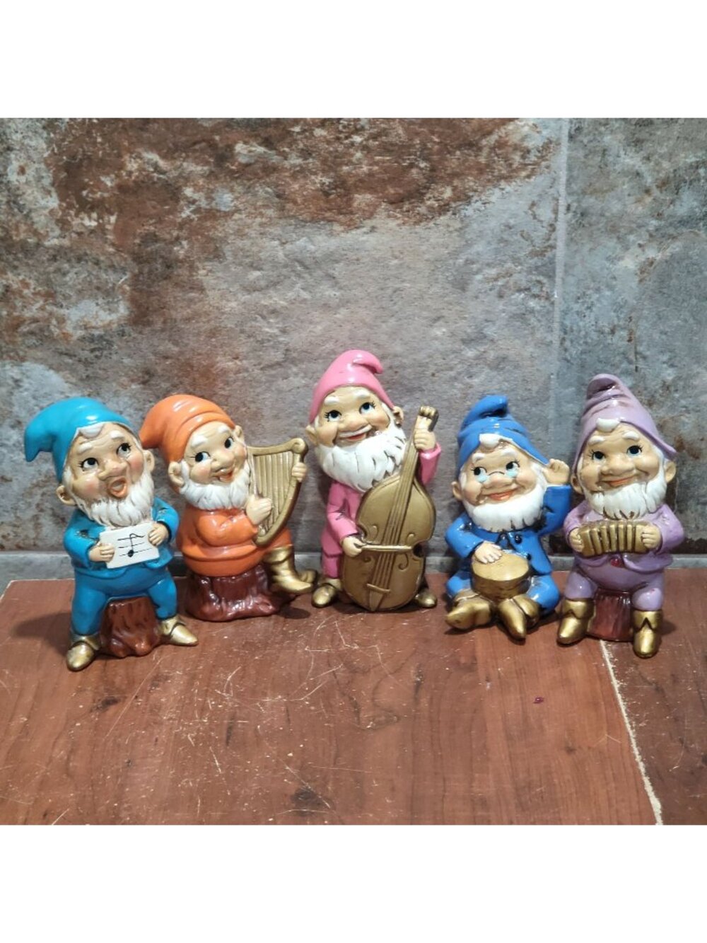 Vintage Japanese Musician Gnomes Papier Mâché Dwarf Figurines Set of 5